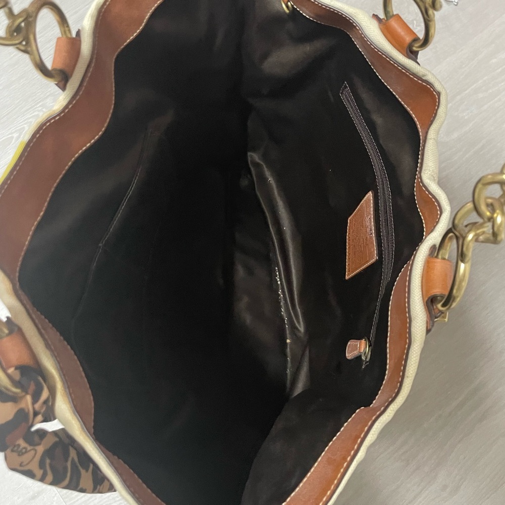Coach Cream Tote with Yellow Stripe and Leopard Accent - Picture 4 of 5